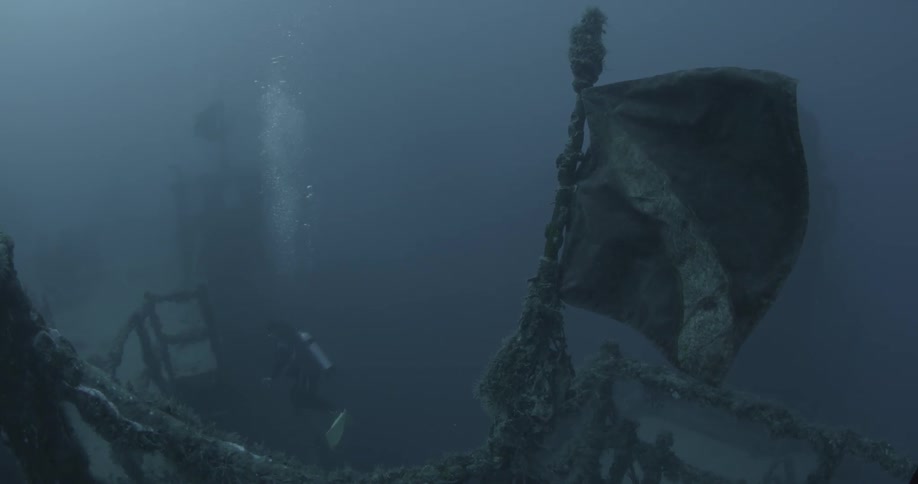 A diver swims near ship wreckage in the ocean