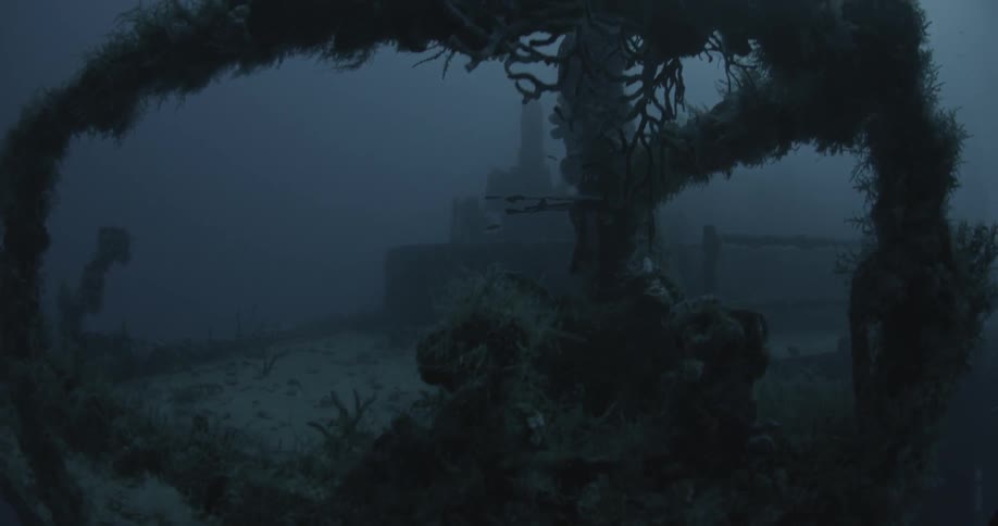 Ship wreckage lays on the ocean floor