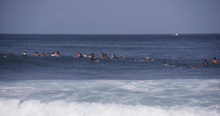 Surfers float in the ocean waiting for a wave