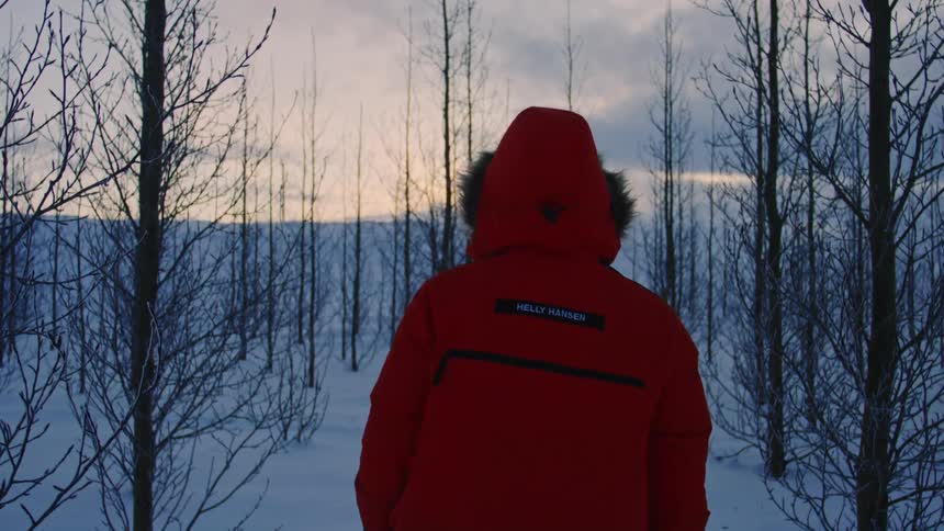 Person in a red winter jacket walking through a snowy forest
