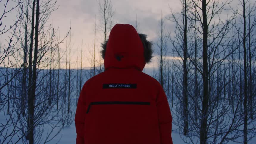 Person with a red jacket in the middle of a snowy forest from behind