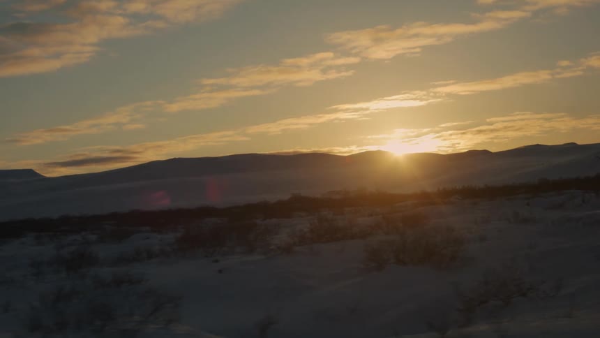 Snowy landscape with sparse vegetation and the sunrise on the horizon