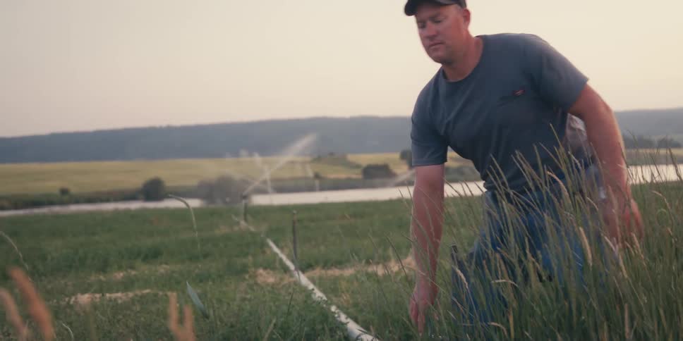 Man in an agricultural field activating the irrigation system
