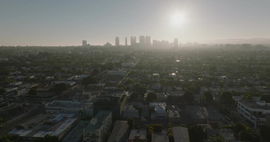 Aerial panorama of an urban city with skyscrapers in the background