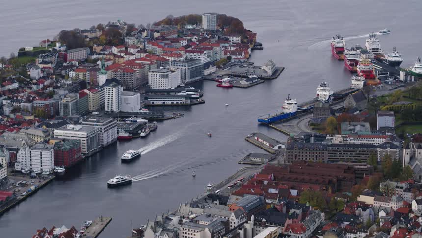 Aerial view of a port city with the maritime canal that gives access to the sea