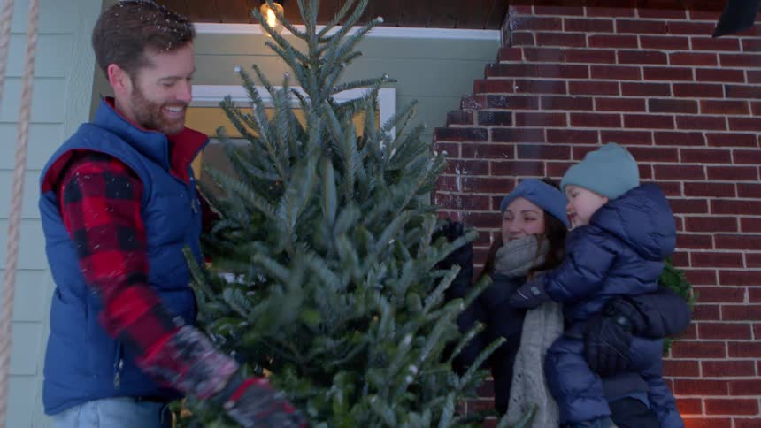 A man beating the leaves of a pine tree on the porch of a house and there is a woman with a child on her lap next to her and they are both happy