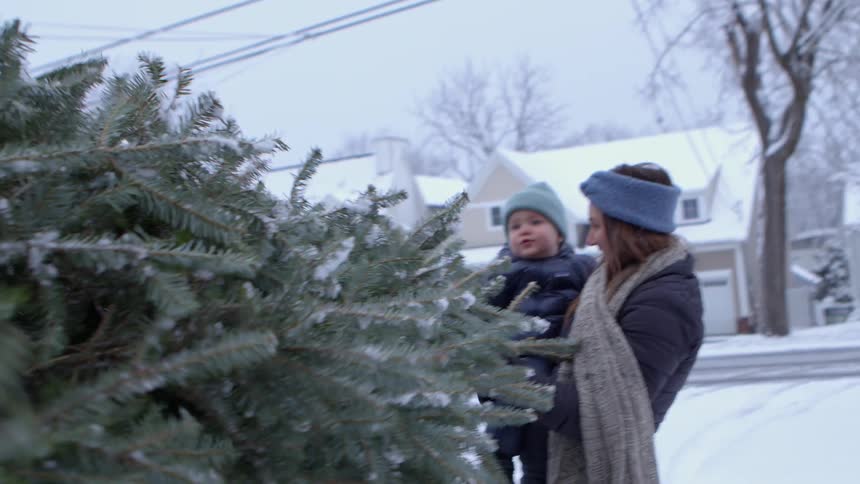 A woman dressed for winter and holding a baby helps pull a christmas tree off a car to bring home