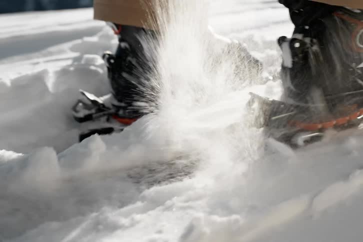 Foot with boots being placed in a ski equipment in the snow