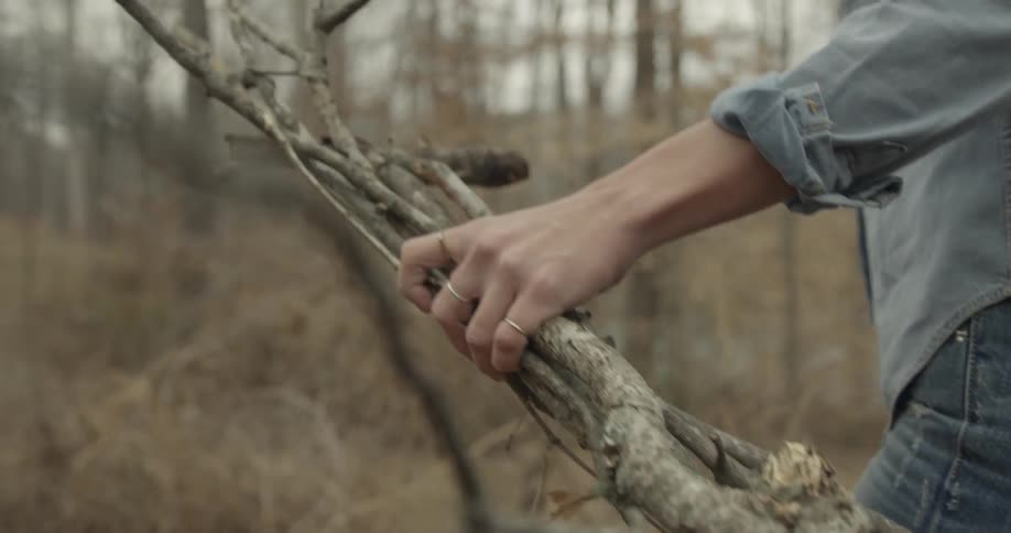 A woman carries a bundle of tree branches through a forested area