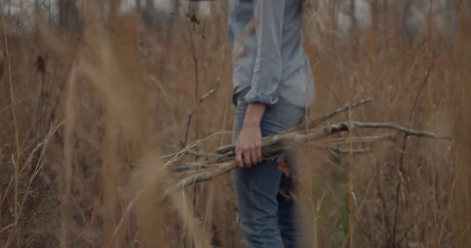 A woman pulls a branch in a field