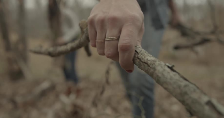 A woman picks up a branch from the ground in a forested area