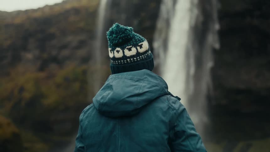 A person is facing the tall waterfall