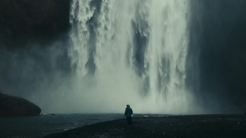 A solitary figure stands at the base of a wide powerful waterfall that cascades down a dark rocky cliff face
