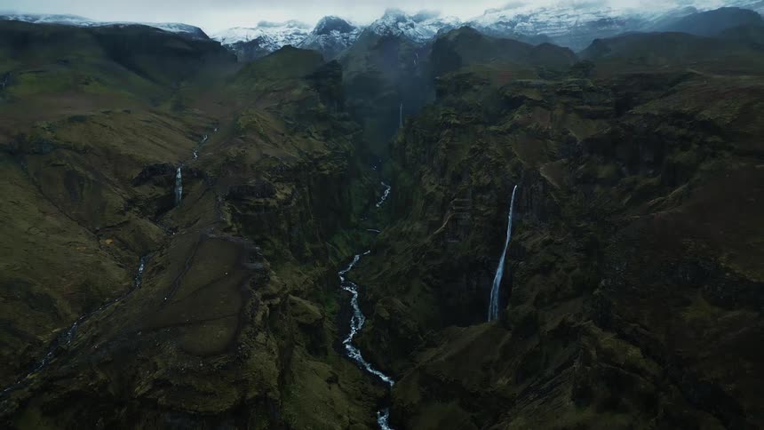 Landscape of a mountain valley with waterfalls and snowcapped mountains in the background
