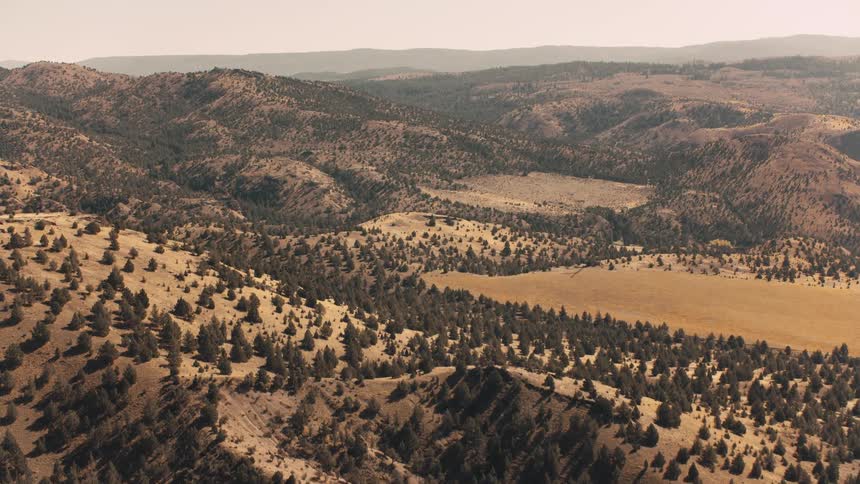 The landscape is covered with hills and trees