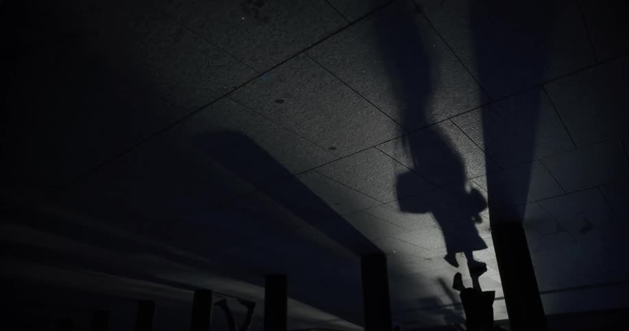 Right side up shadow is cast by upside down woman walking through a dim room