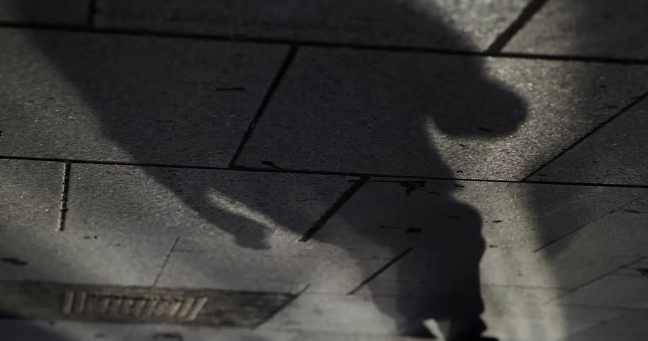 A shadow of a person walking on a tiled surface is cast by the sunlight