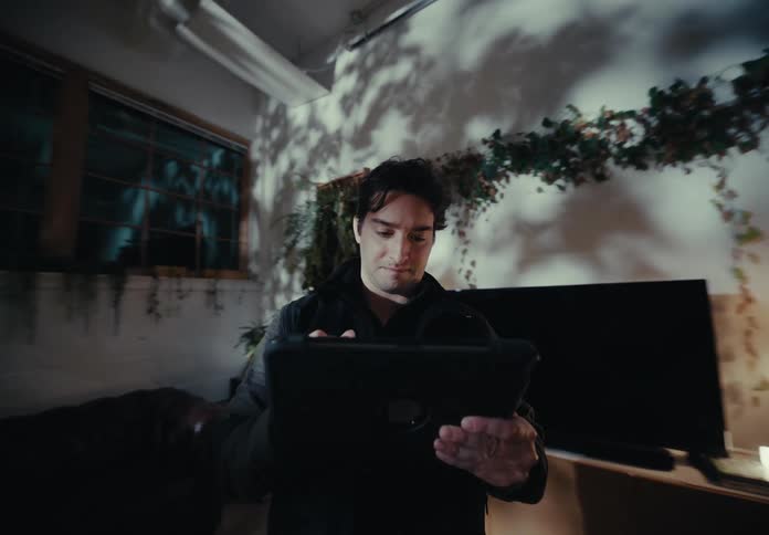 Man standing in his living room at night uses a stylus with a tablet
