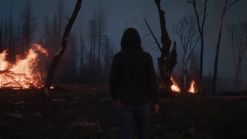 Woman walking towards a group of bonfires in the forest at night