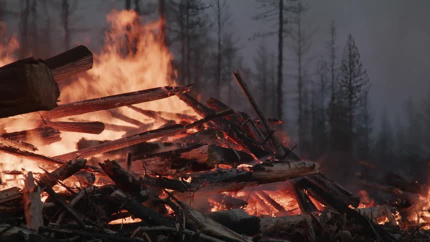 Pile of wood and lumbar burning in the forest at night