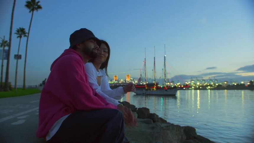 A couple sits by the water at dusk gazing at a boat and city lights in the distance