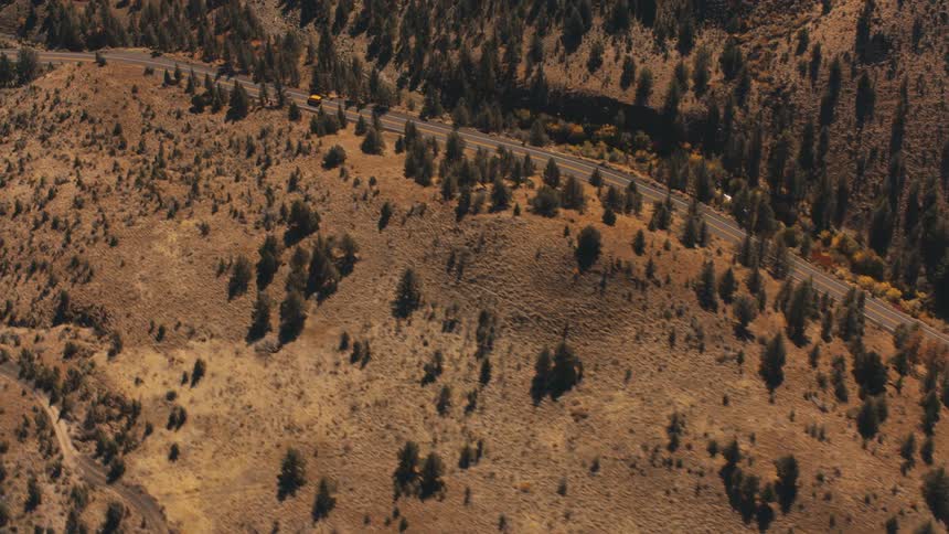Aerial view of a highway crossing a mountainous valley with scattered conifers