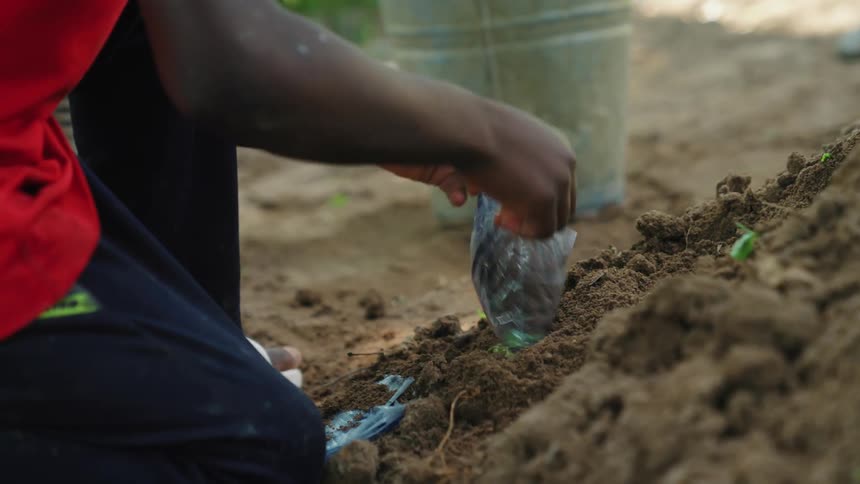 Person fills a small plastic bag with dirt from a mound during the daytime