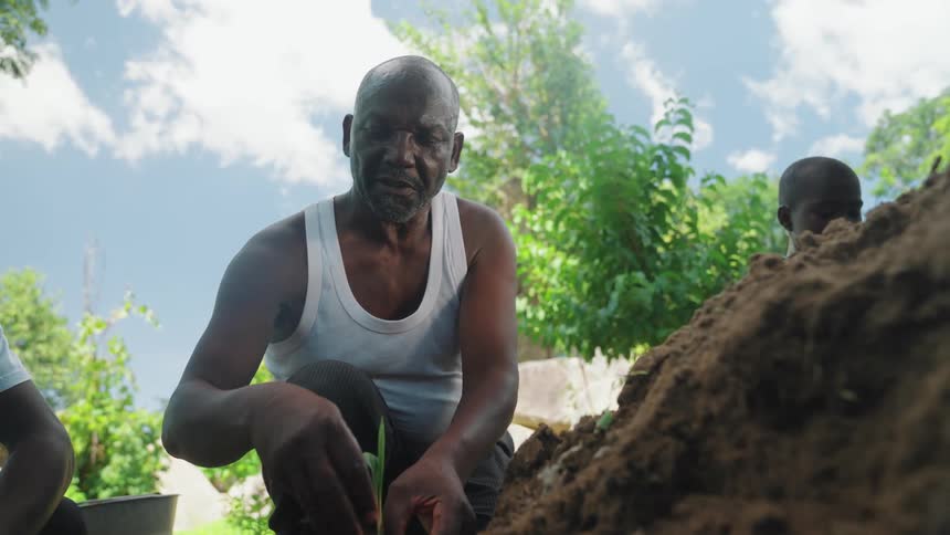 A man is talking with children as they plant greens in the garden