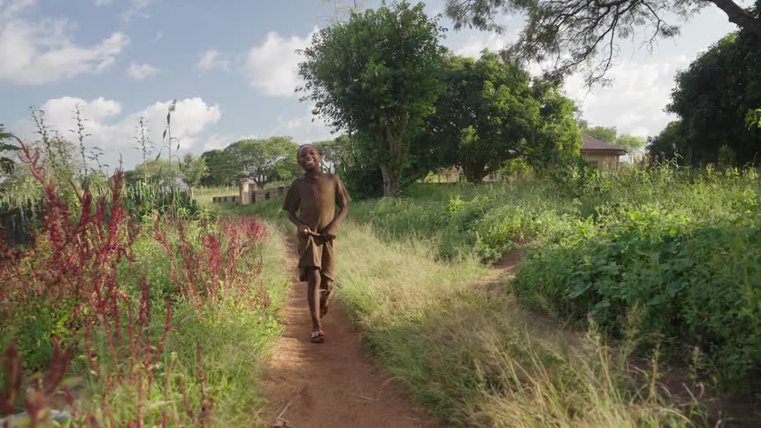 Girl walks along a path leading to a house on a summer day