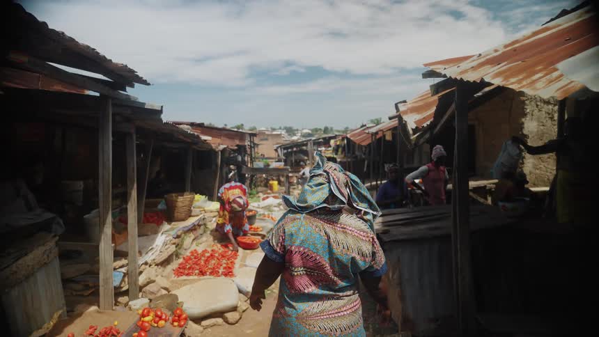 An outdoor market with various stalls selling goods like tomatoes under makeshift roofs made of corrugated metal with people walking and shopping along a dirt pathway