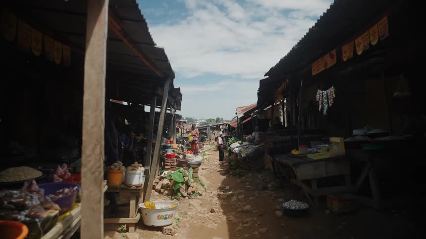 An outdoor market with various stalls selling goods like tomatoes under makeshift roofs made of corrugated metal with people walking and shopping along a dirt pathway
