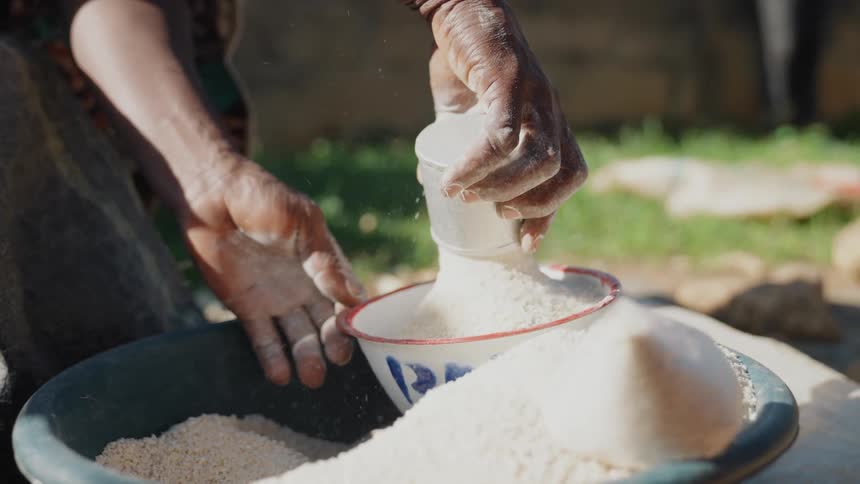 A person is pouring a cup of grain into a bowl from a container with a grassy area in the background