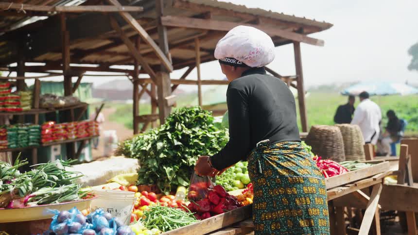 Woman picking up vegetables at an outdoor grocery store