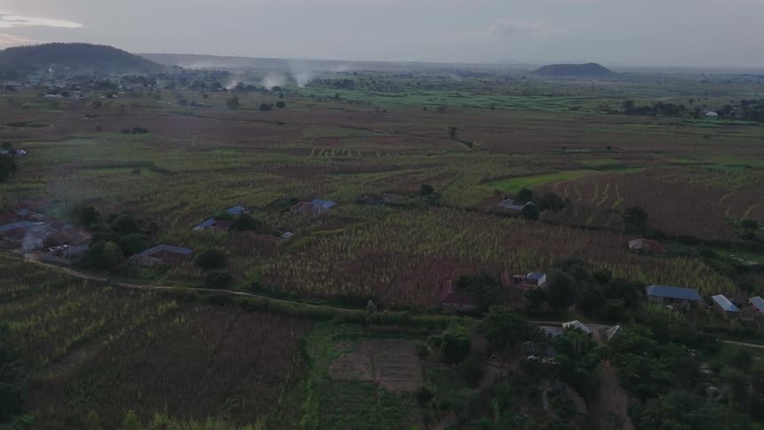 An aerial clip of a farm land in a rural community