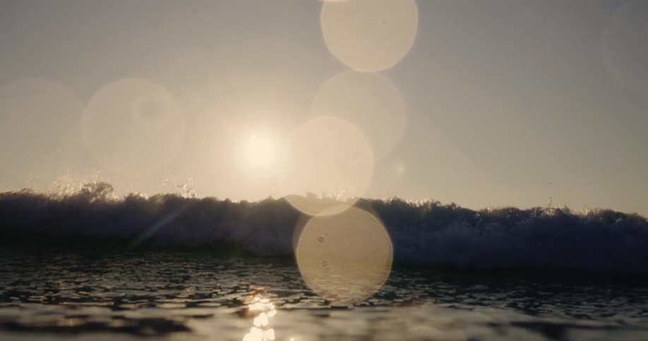 Surfer lies on a surfboard as an ocean wave swells and breaks on a sunny day