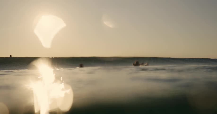 Two surfers riding a wave in the golden sunlight with reflections on the waters surface and a clear sky in the background