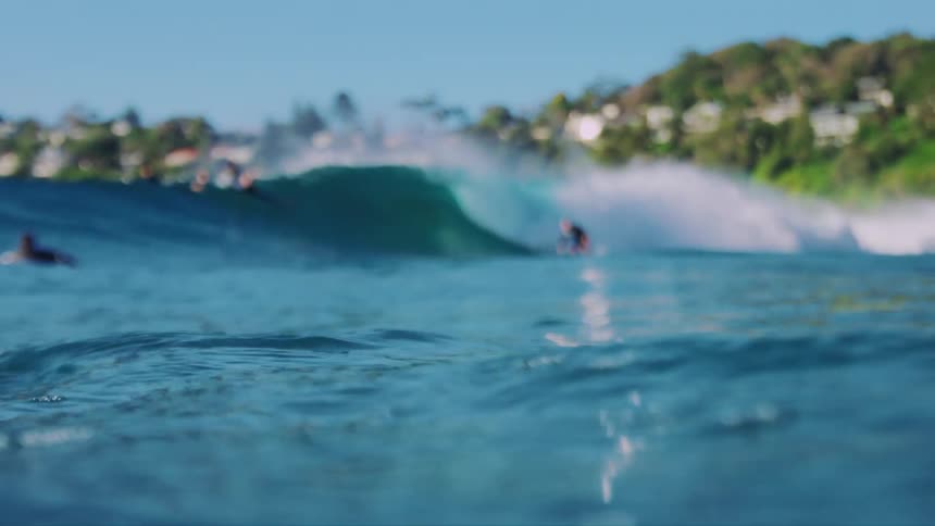 Surfers in a blue sea with waves crashing creating white foam while a treelined residential area appears in the background under a clear sky