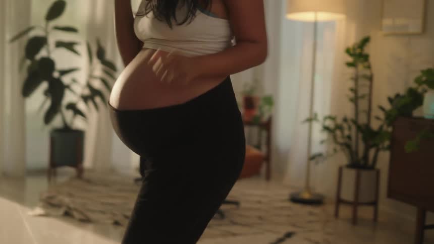 A woman is dancing in her living room