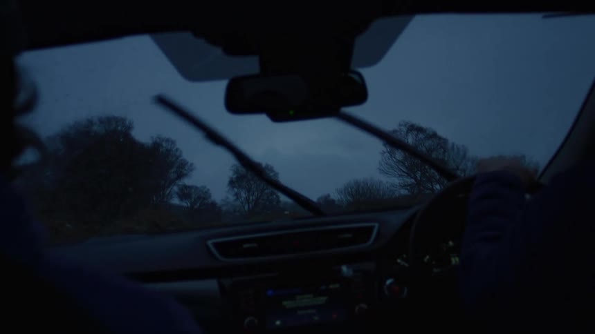 From the drivers perspective inside a car raindrops streak across the windshield obscuring the view of a dark blurry landscape with the cars interior details subtly visible