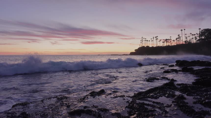 A tranquil sunset paints the sky with soft hues of pink and purple above a serene ocean scene where gentle waves roll towards a rocky shore lined with silhouetted palm trees