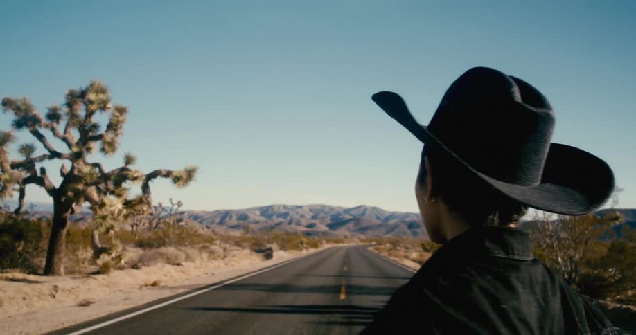A person wearing a black cowboy hat earrings and dark clothing standing on a desert road with joshua trees rugged mountains and a clear blue sky in the background