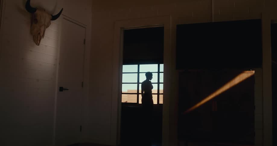 A silhouette of a person is seen opening the curtain of a window in a dimly lit room with a bull skull mounted on the wall set against a desert backdrop