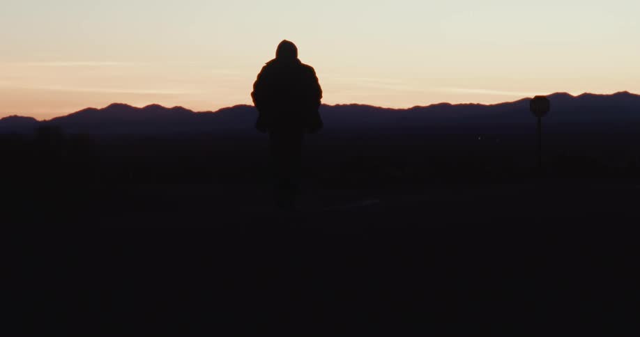 Silhouette of a person walking through a natural area with mountains on the horizon