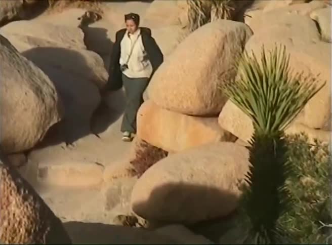 Person walking through a natural valley with rocks during the day