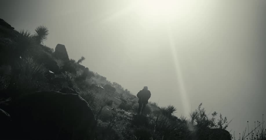 A lone figure with a backpack runs downhill on a rocky sunlit slope in a monochrome landscape