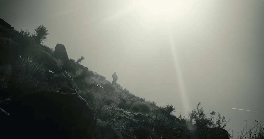 A lone man with a jacket hikes up a rocky sunlit slope in a monochrome landscape