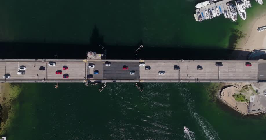 An aerial clip of a connecting bridge by the coast