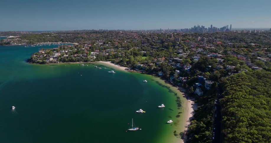 An aerial view of a city facing a bay with green water and several trees in the middle