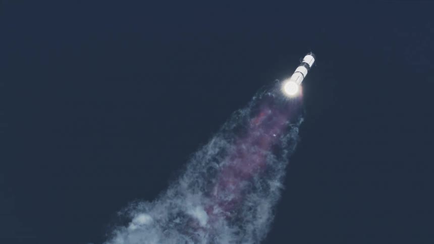 Launched rocket trails smoke and flames while heading towards outer space