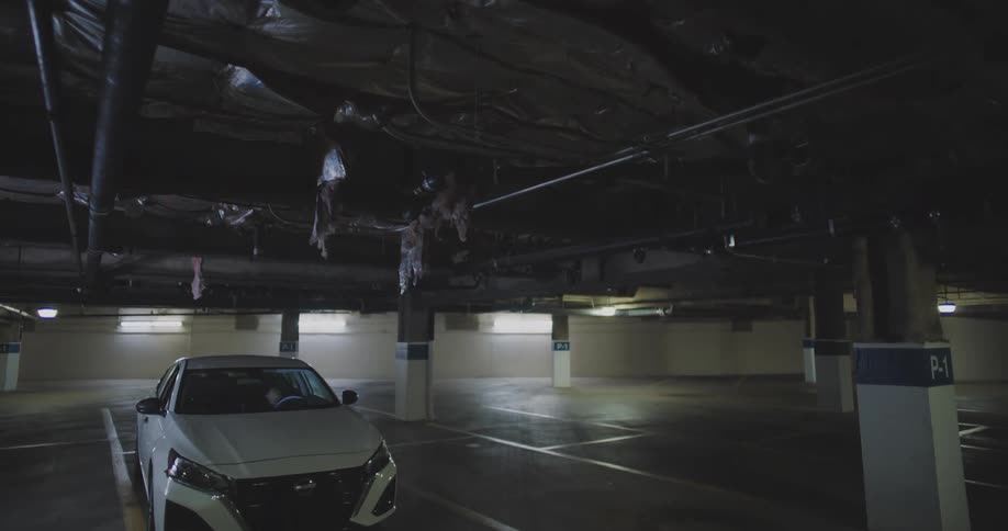 A single car is parked in the parking lot